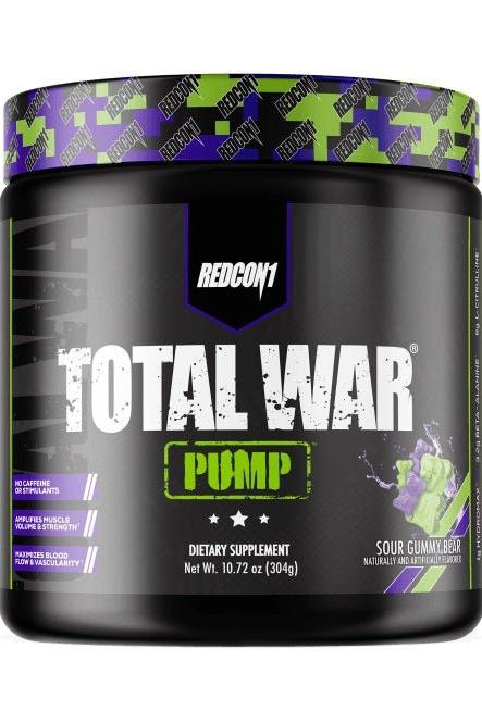 Redcon1 Total War Pump dietary supplement for improved blood circulation and muscle endurance, flavored sour gummy bear.