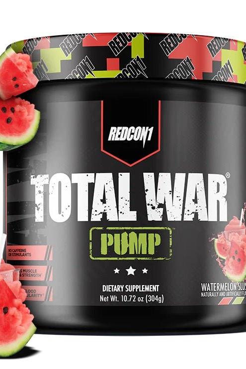 Redcon1 Total War Pump dietary supplement tub with watermelon flavor, designed for increased performance without stimulants.
