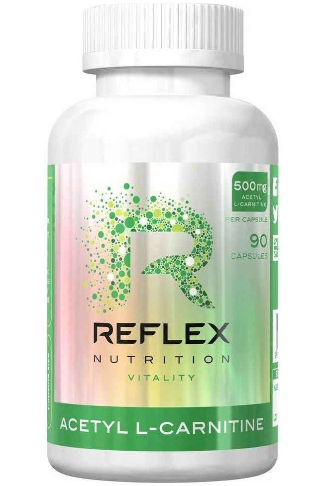 Reflex Nutrition Acetyl L-Carnitine 500mg supplement bottle with 90 capsules for energy and cognitive support.