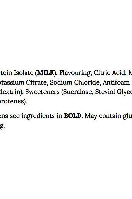 List of ingredients in Reflex Nutrition Clear Whey Isolate Mango, highlighting key components and allergens.