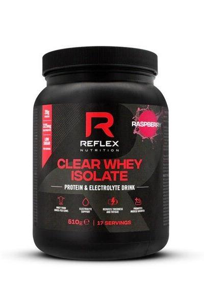 Reflex Nutrition Clear Whey Isolate protein drink in raspberry flavor, 20g protein, low lactose, 510g tub.