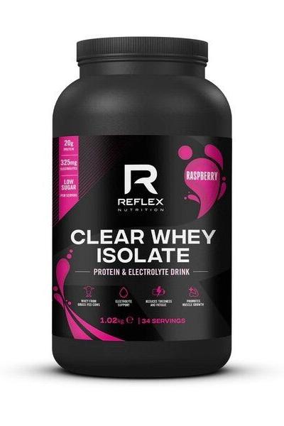 Reflex Nutrition Clear Whey Isolate raspberry flavor, high protein drink with electrolytes, 20g protein per serving.