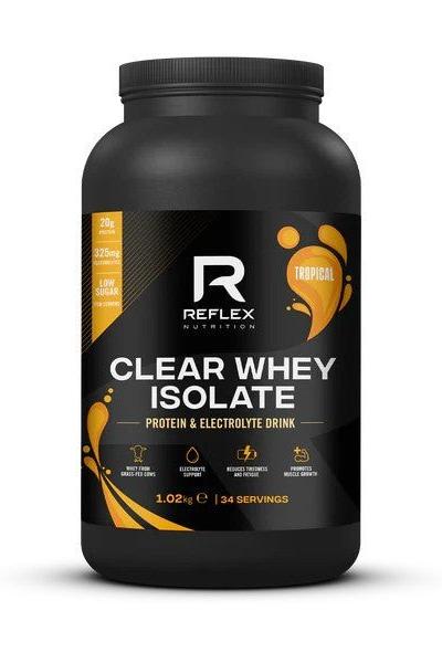 Reflex Nutrition Clear Whey Isolate protein drink with 20g protein, tropical flavor, and low lactose, 1.02 kg.