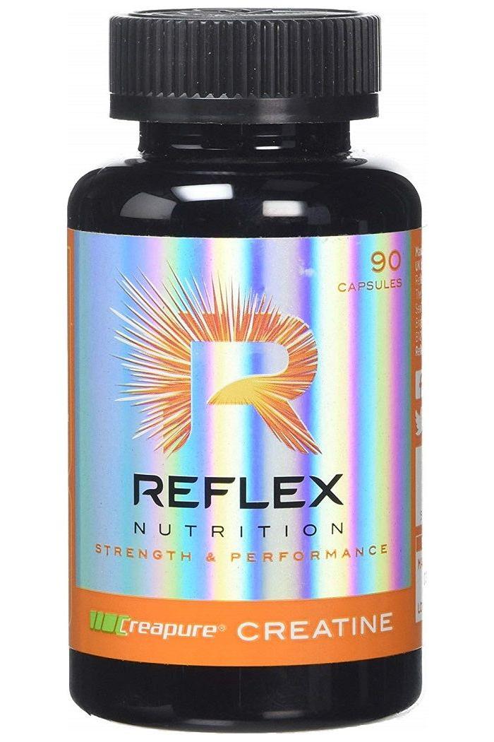 Reflex Nutrition Creapure Creatine supplement bottle with 90 capsules for enhanced strength and performance.