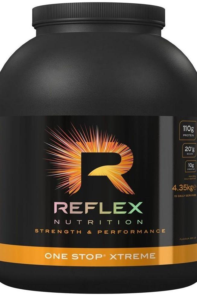 Reflex Nutrition One Stop Xtreme protein supplement container for bodybuilders with 110g protein per serving.