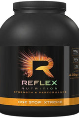 Reflex Nutrition One Stop Xtreme protein supplement container for bodybuilders with 110g protein per serving.