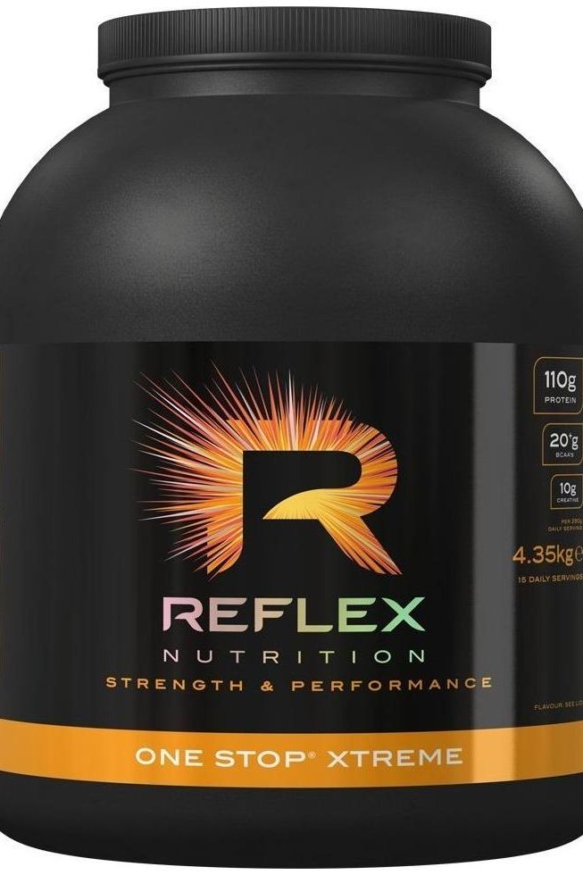 Reflex Nutrition One Stop Xtreme protein powder container with logo and nutritional benefits highlighted.