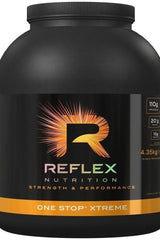 Reflex Nutrition One Stop Xtreme protein powder container with logo and nutritional benefits highlighted.