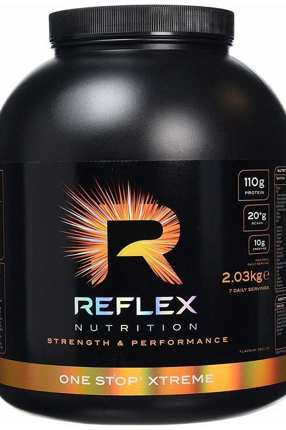 Reflex Nutrition One Stop Xtreme protein powder for bodybuilders, 110g protein, enhanced BCAA for recovery.