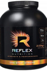 Reflex Nutrition One Stop Xtreme protein powder for bodybuilders, 110g protein, enhanced BCAA for recovery.
