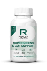 Reflex Nutrition Supergreens & Gut Support bottle, 90 capsules, supports digestion and immune health.