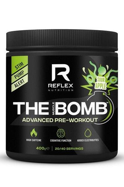 Reflex Nutrition The Muscle Bomb pre-workout supplement in Sour Apple flavor for energy and focus.