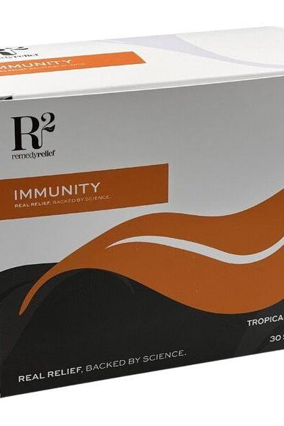 Remedy Relief Immunity supplement box, featuring tropical flavor and essential nutrients for immune support.