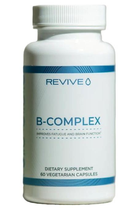 Revive B-Complex dietary supplement bottle, designed to improve fatigue and brain function, featuring 60 vegetarian capsules.