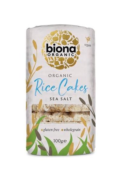 Biona Organic Rice Cakes packaging on a white background, featuring sea salt flavor and organic ingredients.