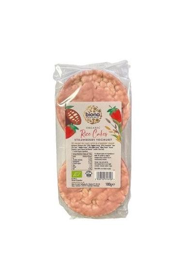 Biona Organic Rice Cakes with strawberry yogurt coating, made from organic ingredients, perfect for snacking.