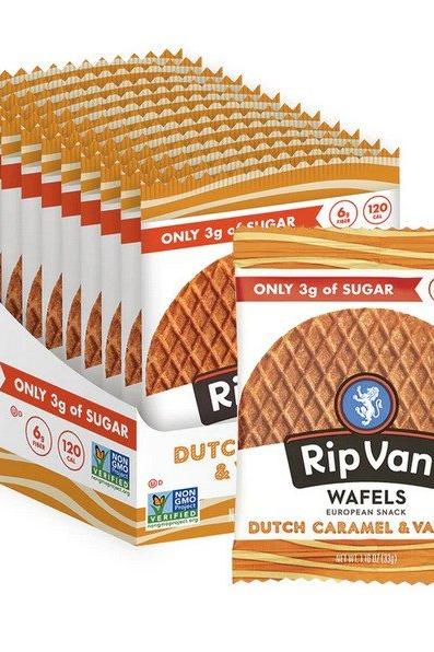 Rip Van Wafels package featuring Dutch caramel and vanilla, low sugar snack, 12 x 33g, healthy and convenient.