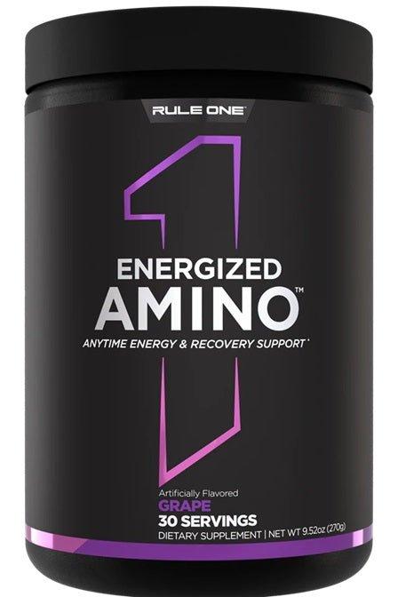 Rule One Energized Amino supplement container with grape flavor, supports energy and muscle recovery.