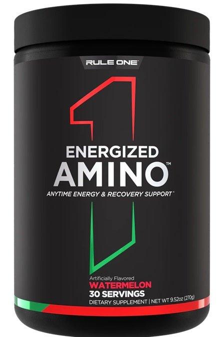 Rule One Energized Amino supplement tub in watermelon flavor, supports energy and recovery, 30 servings.