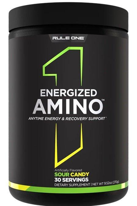 Rule One Energized Amino supplement in Sour Candy flavor, supports energy and muscle recovery, 30 servings.
