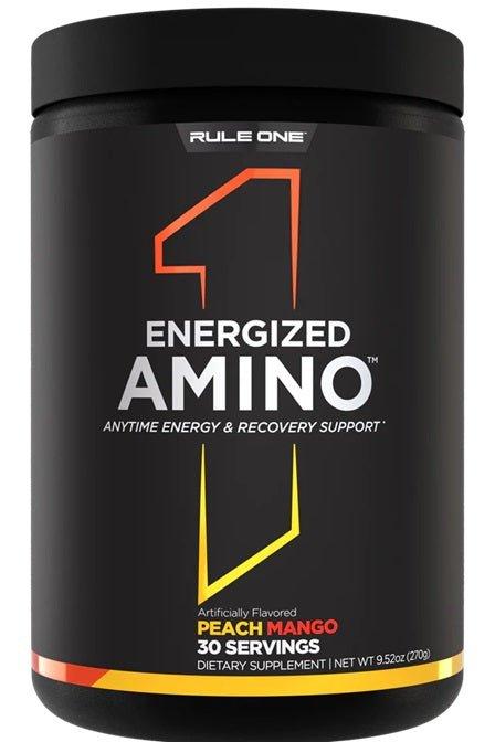 Rule One Energized Amino supplement in Peach Mango flavor, 30 servings, for energy and muscle recovery support.