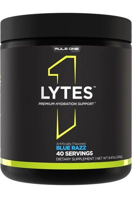 Rule One Lytes Blue Razz electrolyte drink for hydration support, 40 servings, low-calorie, no added sugars.