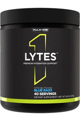 Rule One Lytes Blue Razz electrolyte drink for hydration support, 40 servings, low-calorie, no added sugars.