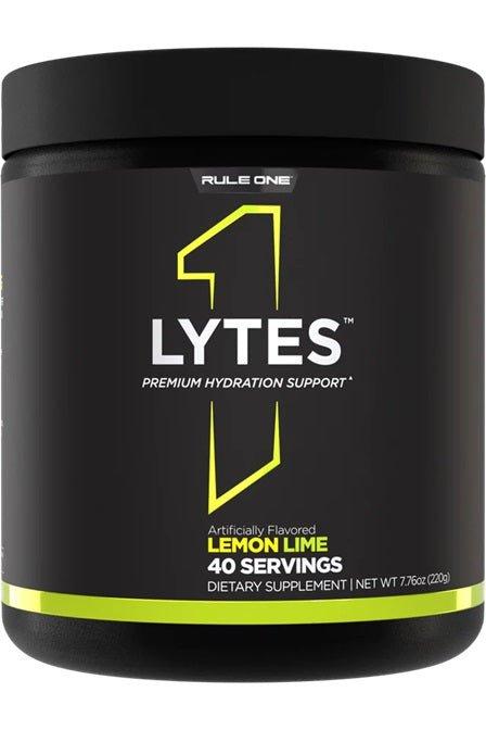 Rule One Lytes electrolyte drink in lemon lime flavor, 40 servings for hydration support and low-calorie refreshment.