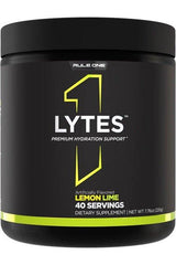 Rule One Lytes electrolyte drink in lemon lime flavor, 40 servings for hydration support and low-calorie refreshment.