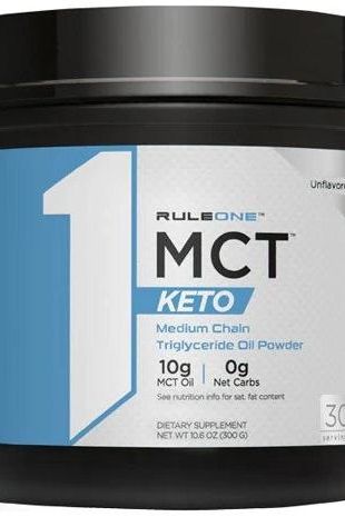 Rule One MCT Keto Unflavored 300g container for enhanced fat burning and energy.