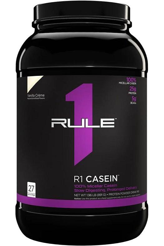 Rule One R1 Casein protein powder in vanilla crème flavor, featuring slow-digesting micellar casein for muscle recovery.