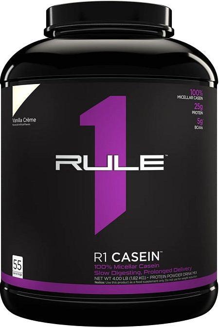 Rule One R1 Casein protein powder container, 100% micellar casein, vanilla flavor, 4 lb size.