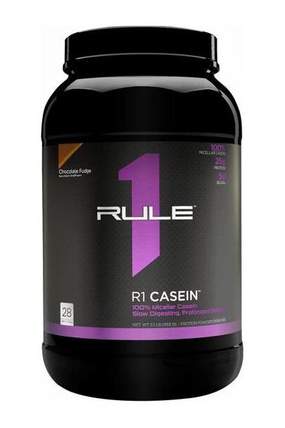 Rule One R1 Casein protein powder tub, chocolate fudge flavor, 100% micellar casein for muscle recovery.