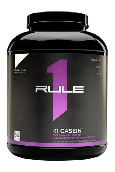 Rule One R1 Casein micellar casein protein powder in vanilla crème flavor, 4 lbs container, for muscle recovery.
