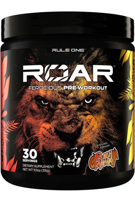 Rule One Roar pre-workout supplement with lion graphic, Peach Mango flavor, 30 servings for energy and hydration.