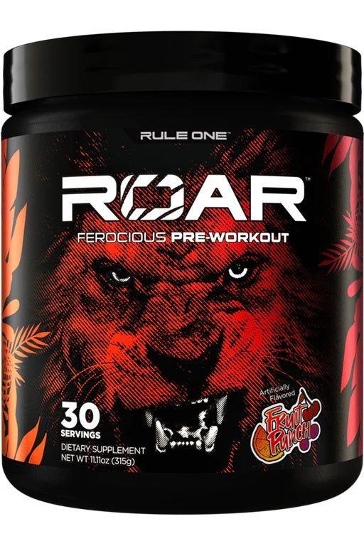 Rule One Roar pre-workout supplement in a bold jar featuring a lion image, supports energy, focus, and performance.