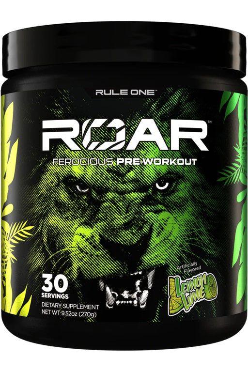 Rule One ROAR Pre-Workout supplement in Lemon Lime flavor for energy and hydration, 30 servings.
