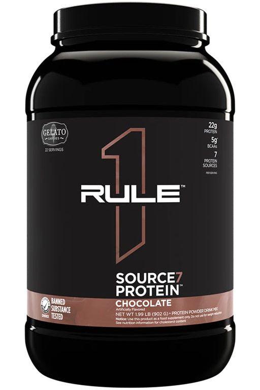 Rule One Source7 Protein chocolate flavor, 22g protein from 7 sources, creamy gelato-inspired protein drink.