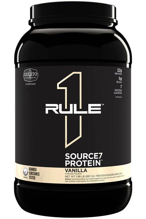 Rule One Source7 Protein powder in vanilla flavor, featuring 22g protein and 7 premium protein sources.