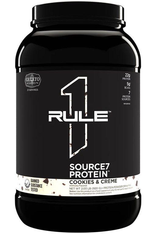 Rule One Source7 Protein Cookies & Creme protein powder, 22g protein, gluten-free, inspired by gelato flavors.