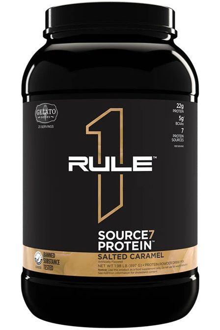 Rule One Source7 Protein in Salted Caramel flavor, featuring 22g protein and 7 premium sources in a black container.