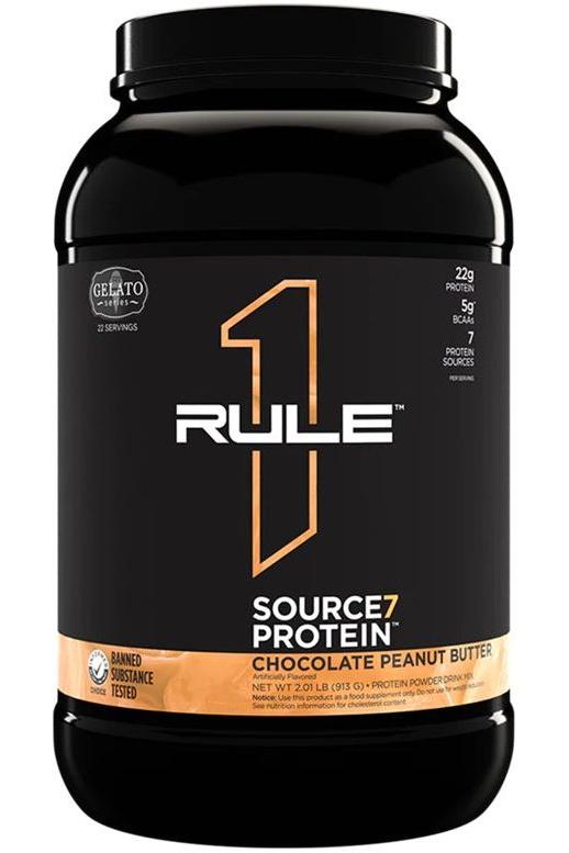 Rule One Source7 Protein in Chocolate Peanut Butter flavor with 22g protein per serving and 7 premium protein sources.