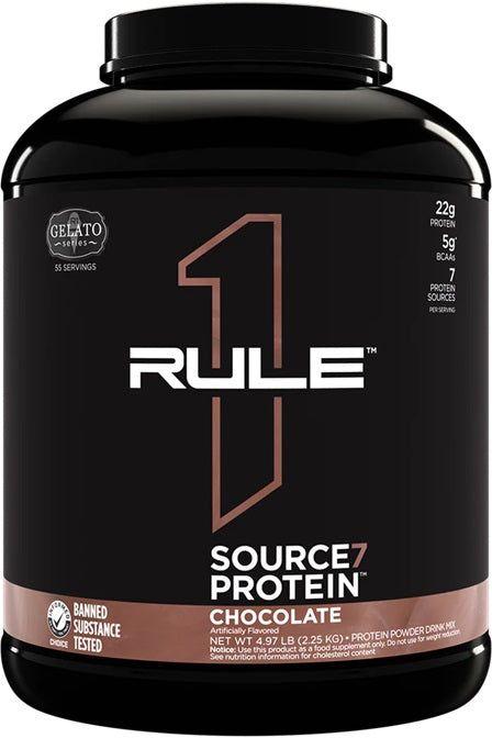 Rule One Source7 Protein in Chocolate flavor, featuring 22g protein and 7 premium sources for optimal absorption.