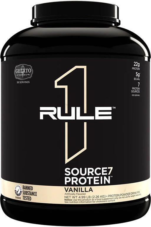 Rule One Source7 Protein Vanilla powder with 22g protein, gluten-free, creamy gelato flavor, 7 premium protein sources.