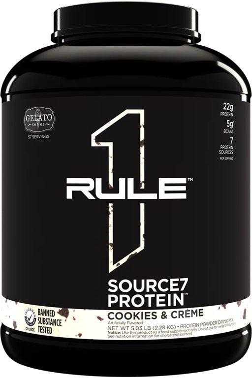 Rule One Source7 Protein in Cookies & Creme flavor, featuring 22g protein and 7 premium protein sources.