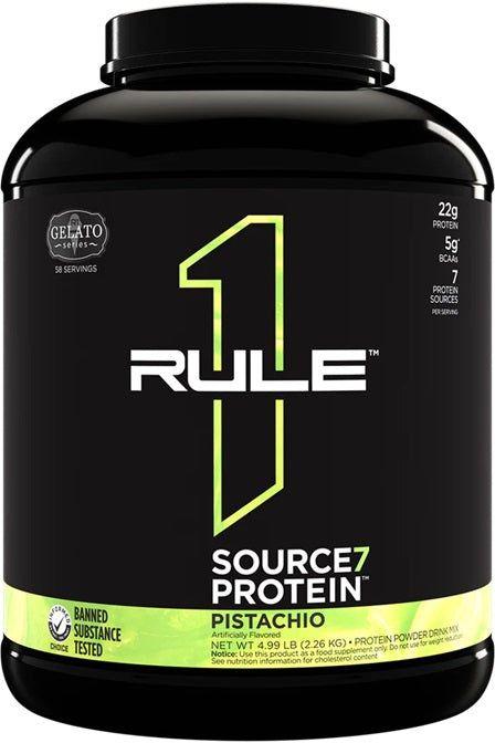 Rule One Source7 Protein powder in Pistachio flavor with 22g protein per serving and seven protein sources.