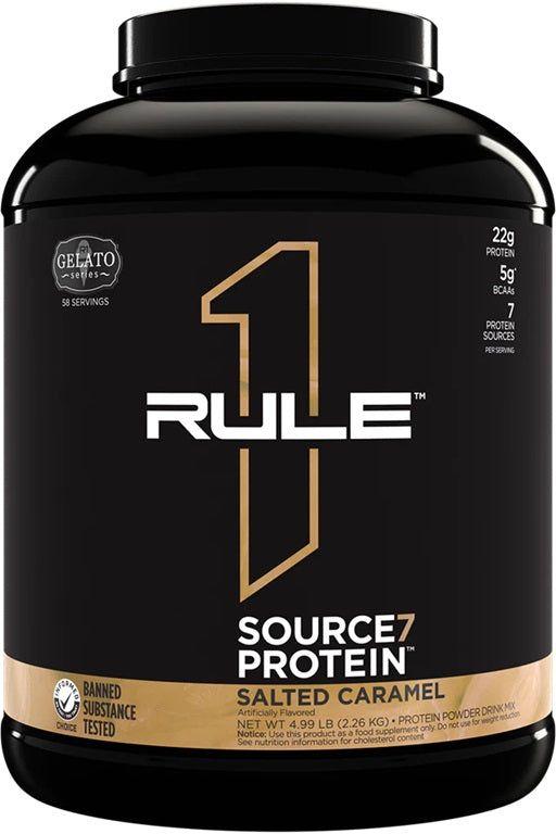 Rule One Source7 Protein in Salted Caramel flavor, offering 22g of protein from 7 premium sources.