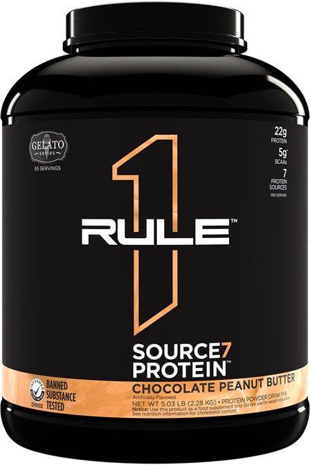 Rule One Source7 Protein in Chocolate Peanut Butter flavor, featuring 22g protein and 7 premium protein sources.