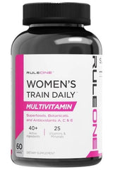 Rule One Women's Train Daily multivitamin bottle with 60 tablets, featuring 40+ active ingredients and 25 vitamins.