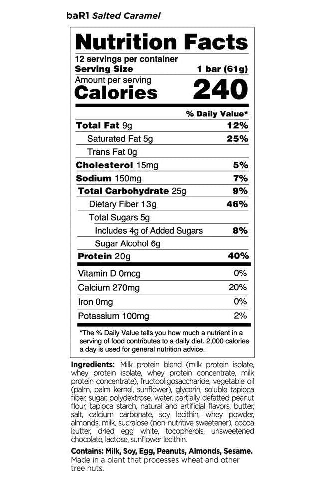 Nutrition facts for Rule1 Bar1 Salted Caramel, showcasing calories, protein, and nutrient breakdown per serving.